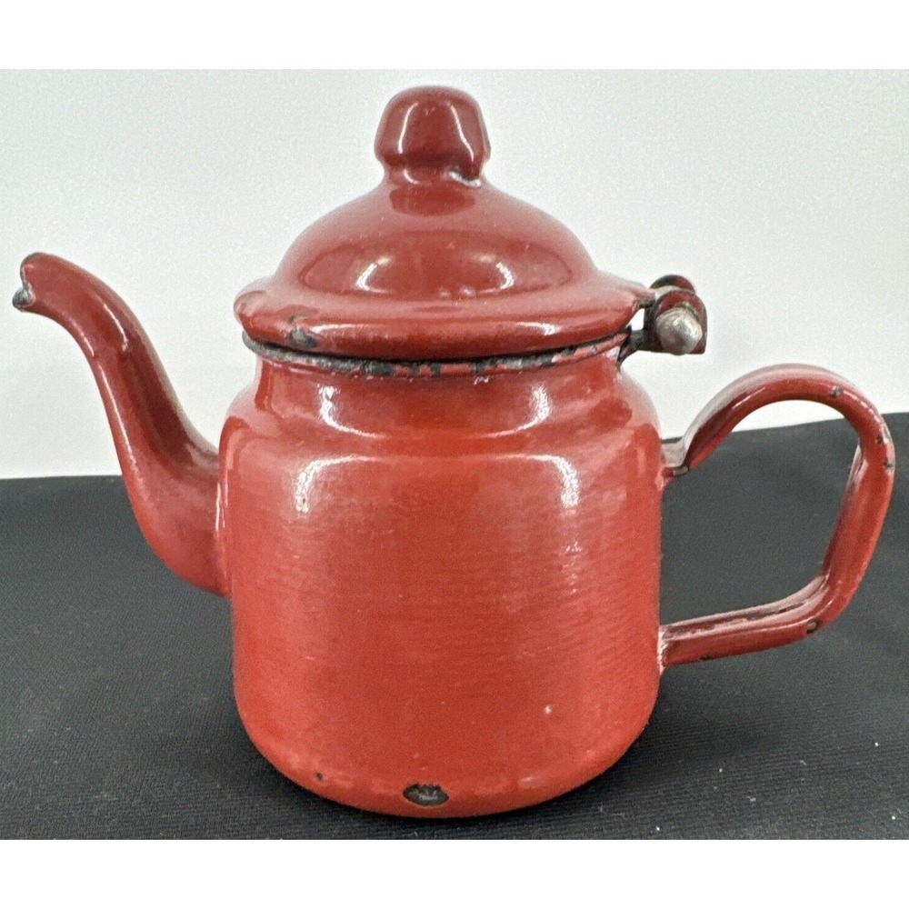 Teapot Burgundy Enamel Metal Farmhouse Decor 4.5" T Gooseneck Spout Distressed - Picture 7 of 11